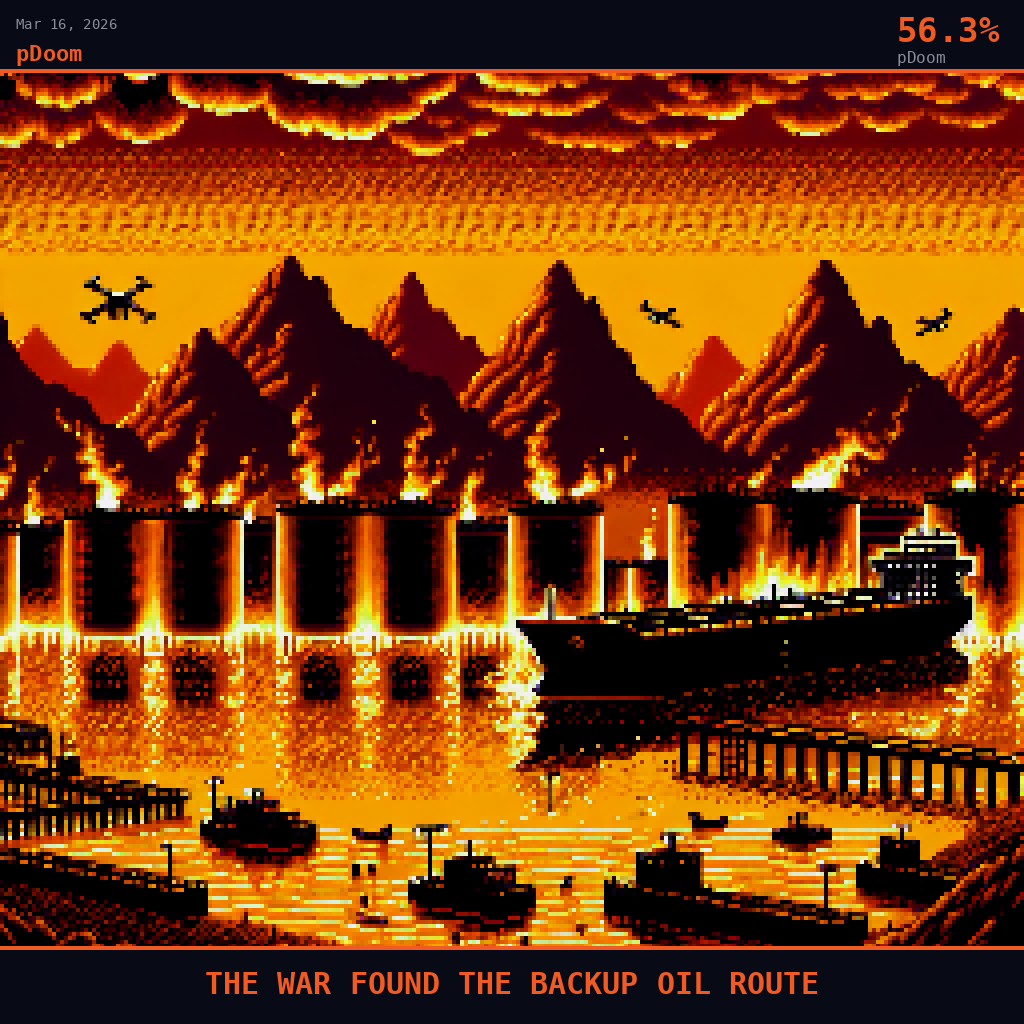 pDoom card for March 16, 2026: 56.3%, THE WAR FOUND THE BACKUP OIL ROUTE. Pixel art: the Hajar Mountains rise as jagged black cutouts against a sky consumed by volcanic blood orange and churning black smoke, their limestone ridges razor-sharp in silhouette, the entire horizon glowing .