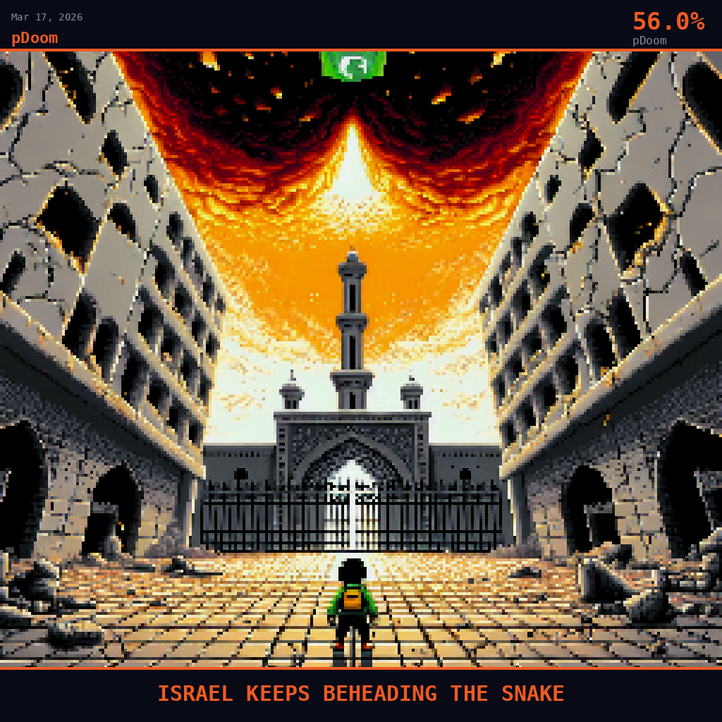 pDoom card for March 17, 2026: 56.0%, ISRAEL KEEPS BEHEADING THE SNAKE. Pixel art: the camera pressed low against cracked flagstone pavement, looking straight up at the towering facade of a concrete Iranian ministry building, its ornate Islamic archway and tall flagpole dominating t.