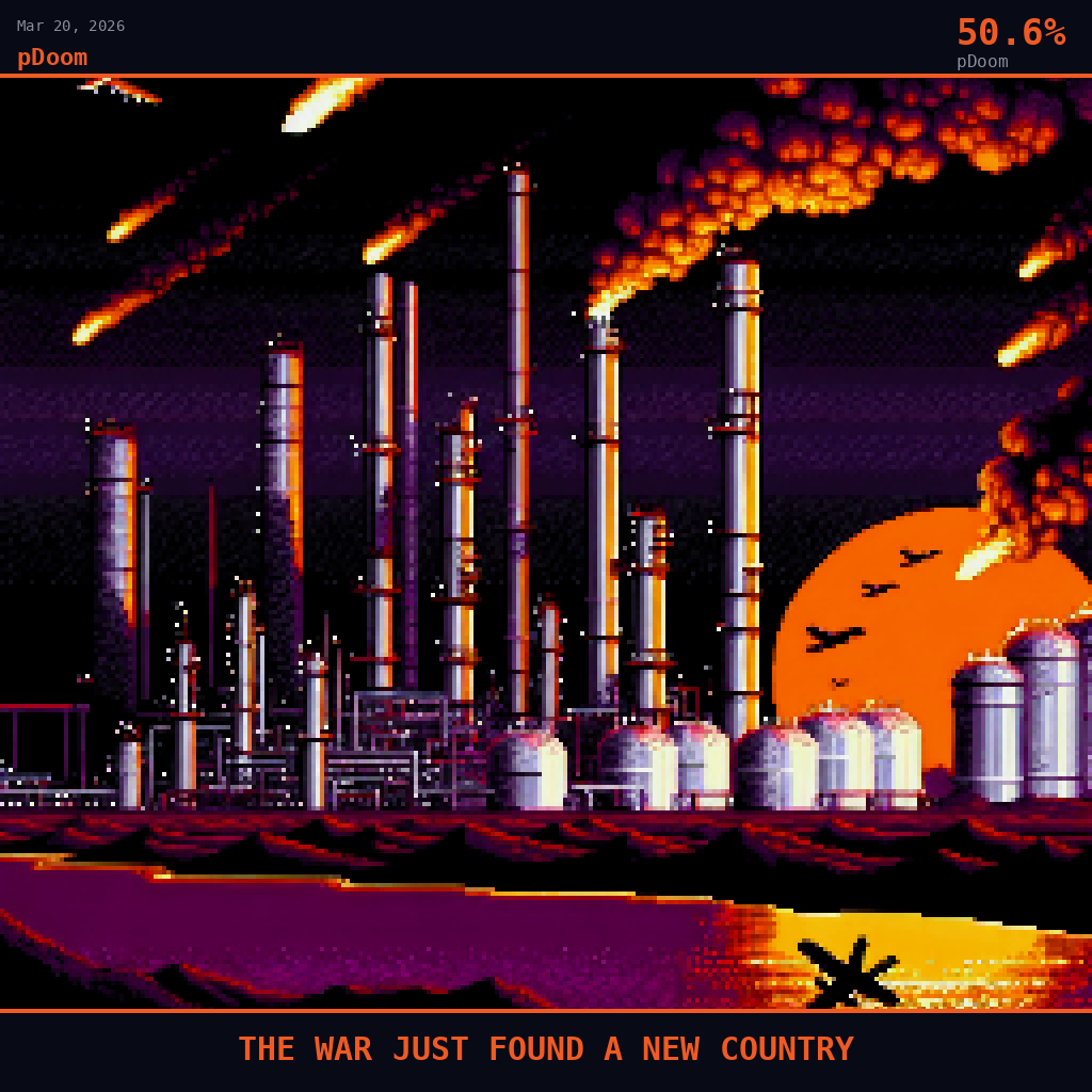 pDoom card for March 20, 2026: 50.6%, THE WAR JUST FOUND A NEW COUNTRY. Pixel art: ground-level view from inside the Mina al-Ahmadi refinery complex on Kuwait's desert coast, the Persian Gulf a flat black mirror visible through a gap in the industrial structures, the horizon bruised.