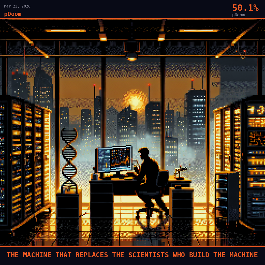 pDoom card for March 21, 2026: 50.1%, THE MACHINE THAT REPLACES THE SCIENTISTS WHO BUILD THE MACHINE. Pixel art: we are deep inside a vast San Francisco SoMA office at pre-dawn, the room stretching back into volcanic darkness, blood orange underlighting bleeding up from floor-level server vents and casting molte.