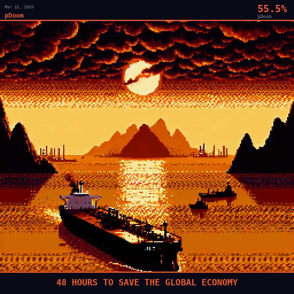pDoom card for March 22, 2026: 55.5%, 48 HOURS TO SAVE THE GLOBAL ECONOMY. Pixel art: dense Gulf haze and petroleum smoke filters every pixel, a thick atmospheric murk the color of burnt amber pressing down over the Strait of Hormuz at dawn, the sky a choked blood orange gradient bleed.