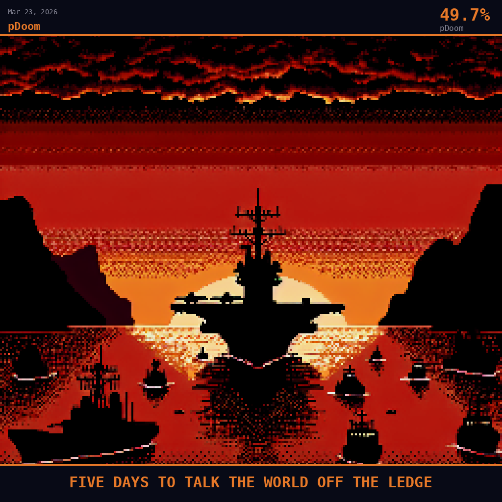 pDoom card for March 23, 2026: 49.7%, FIVE DAYS TO TALK THE WORLD OFF THE LEDGE. Pixel art: the Strait of Hormuz at pre-dawn, the narrow sea lane stretching into a horizon consumed by deep crimson and smoldering charcoal light, the rocky brown coastline of Iran a jagged black mass along the .