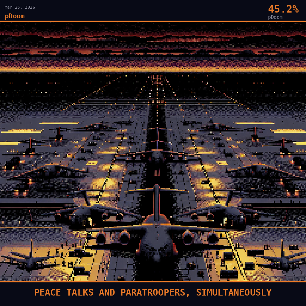 pDoom card for March 25, 2026: 45.2%, PEACE TALKS AND PARATROOPERS, SIMULTANEOUSLY. Pixel art: vast pre-dawn tarmac of a military airfield stretches across the frame, the landscape enormous and oppressive, floodlit in harsh sodium yellow that bleeds into deep crimson darkness at the edges, mult.