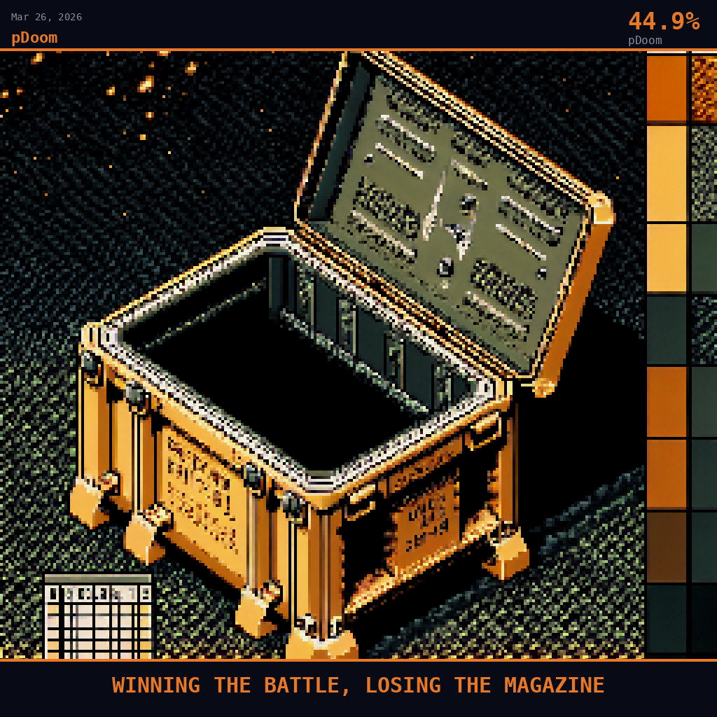 pDoom card for March 26, 2026: 44.9%, WINNING THE BATTLE, LOSING THE MAGAZINE. Pixel art: a single Patriot missile launch canister, its angular rectangular housing dominating the composition, the metal surface cold desert tan with visible panel seams and bolt heads rendered in chunky pixel.
