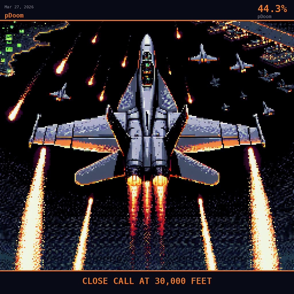 pDoom card for March 27, 2026: 44.3%, CLOSE CALL AT 30,000 FEET. Pixel art: the view from directly behind and below a twin-tailed F/A-18 Super Hornet caught in a violent banking evasive roll, one wing nearly vertical, wingtip vapor cones glowing deep crimson against the black.