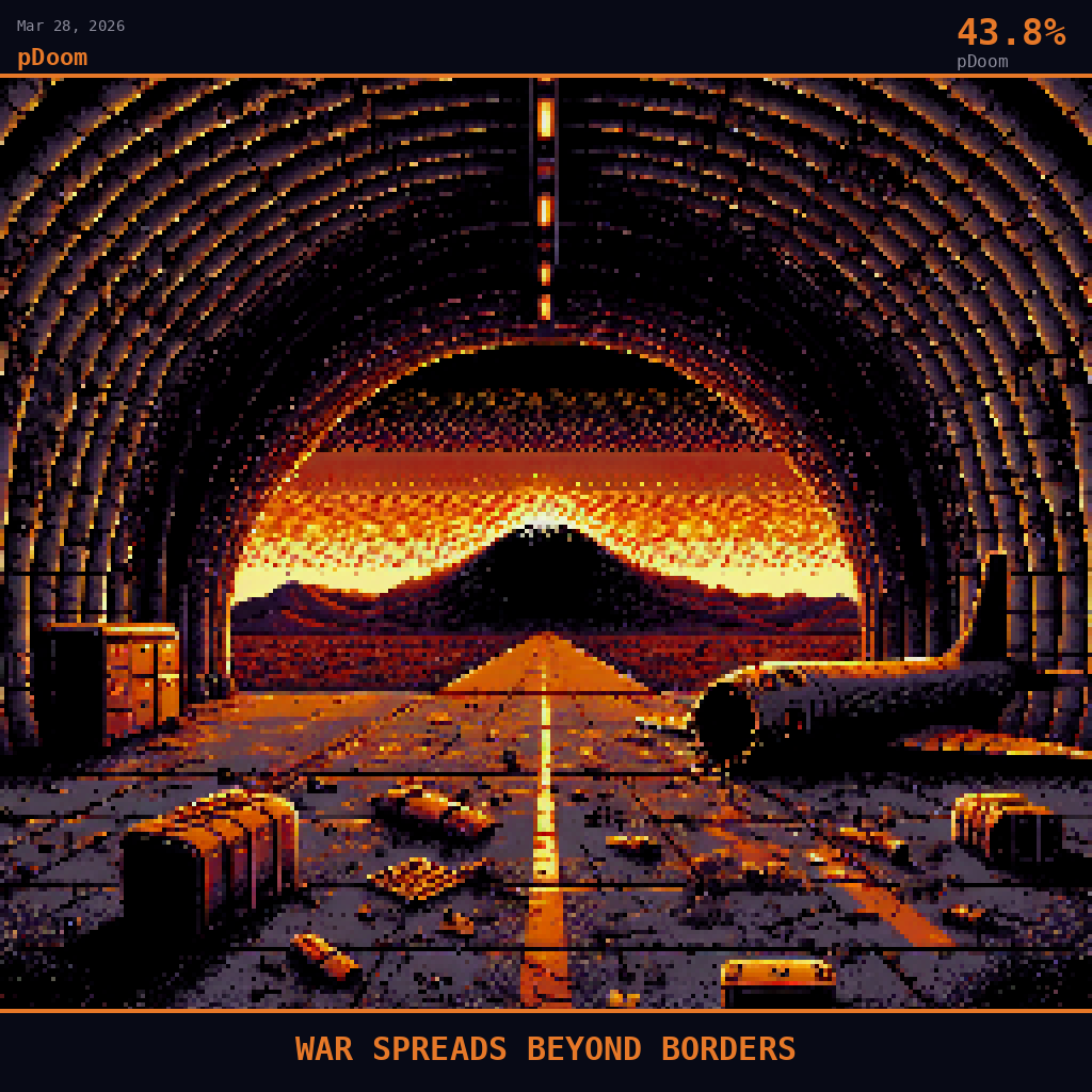pDoom card for March 28, 2026: 43.8%, WAR SPREADS BEYOND BORDERS. Pixel art: we are inside a hardened aircraft shelter at Prince Sultan Air Base, looking outward through the massive blast doors that stand partially open, framing the devastation outside like a dark mouth openin.