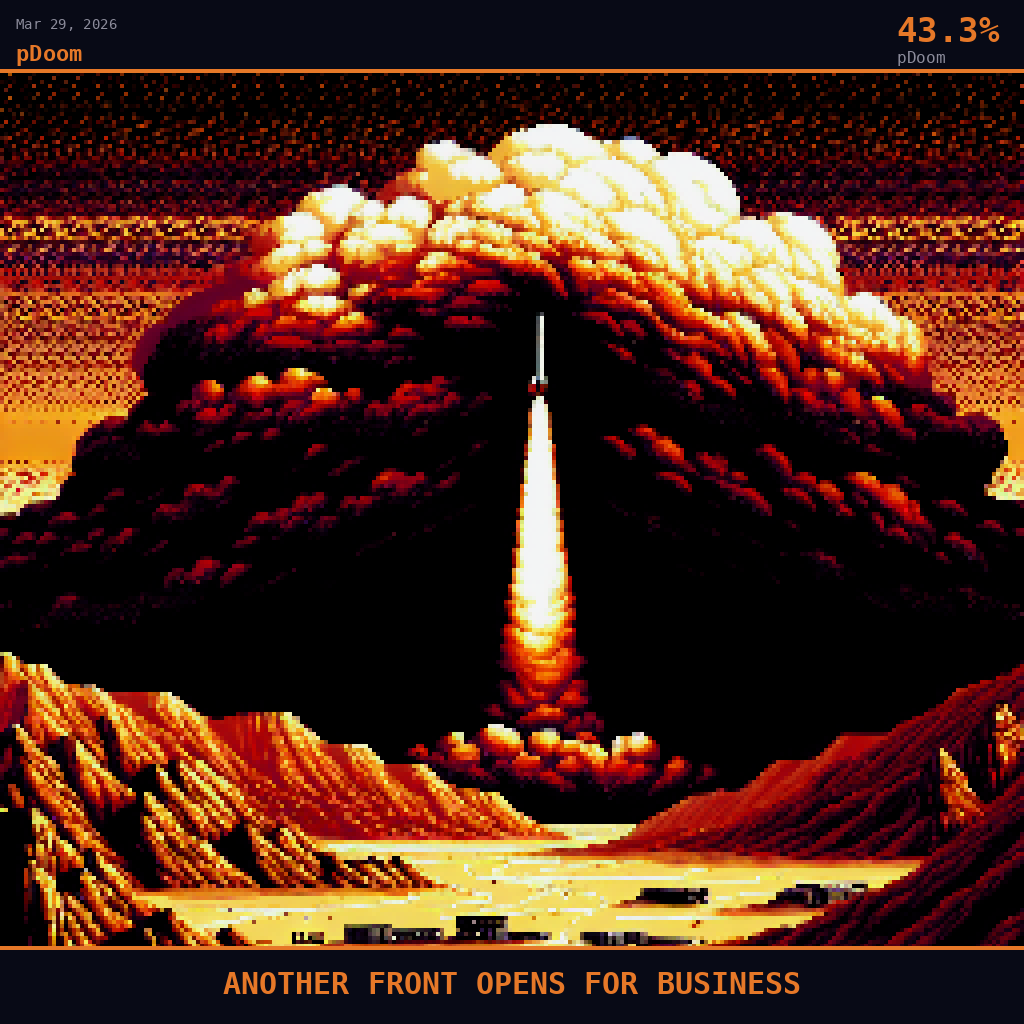 pDoom card for March 29, 2026: 43.3%, ANOTHER FRONT OPENS FOR BUSINESS. Pixel art: a massive sandstorm wall, deep crimson and charcoal brown, churns across an ancient baked Yemeni highland plateau, the haboob front consuming the entire upper two-thirds of the frame in roiling darkne.