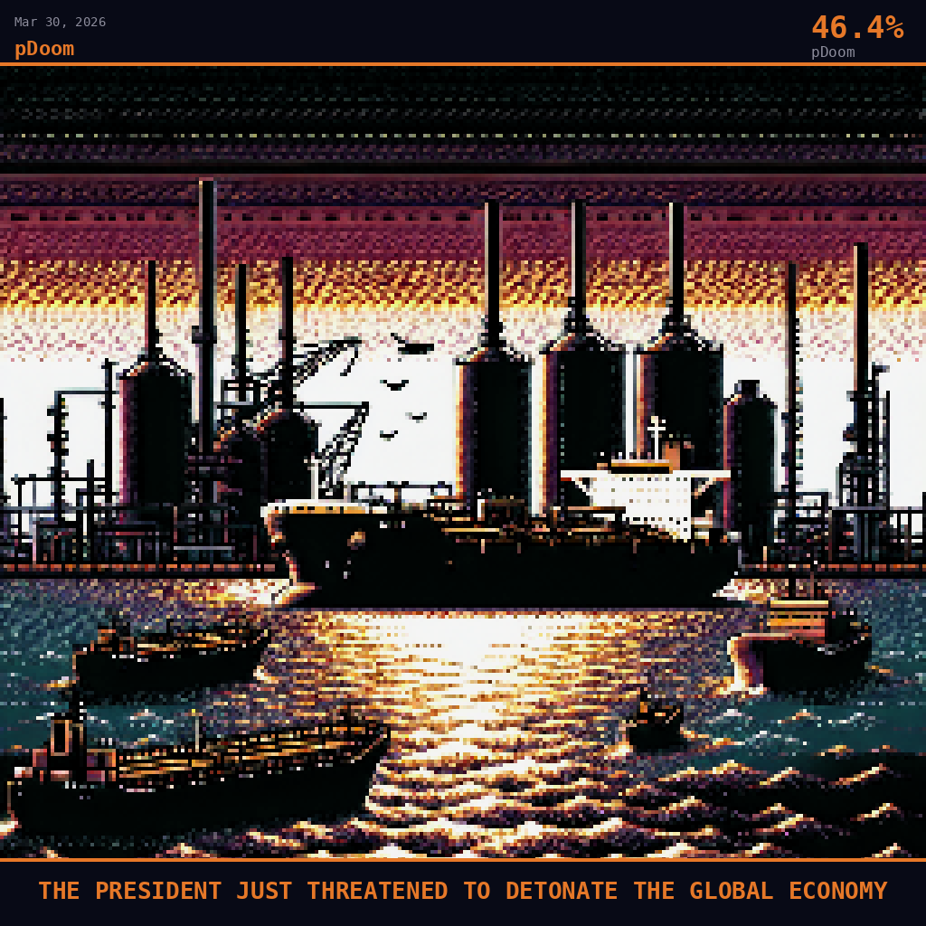pDoom card for March 30, 2026: 46.4%, THE PRESIDENT JUST THREATENED TO DETONATE THE GLOBAL ECONOMY. Pixel art: we are at water level in the Persian Gulf at harsh midday, the bleached white sky behind Kharg Island burning with a deep crimson and charcoal gradient as if the horizon itself is on fire, heat haze s.