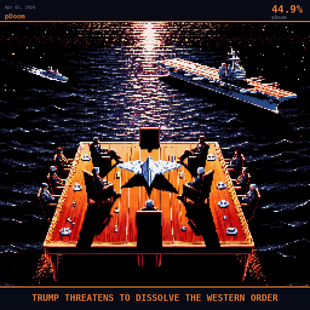 pDoom card for April 1, 2026: 44.9%, TRUMP THREATENS TO DISSOLVE THE WESTERN ORDER. Pixel art: vast dark North Atlantic ocean dominates the frame, its surface charcoal and crimson-reflecting, choppy waves rendered in harsh dithered contrast.