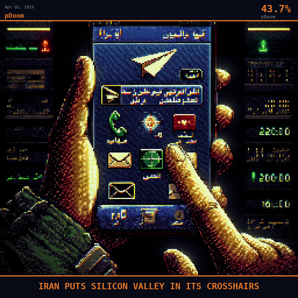 pDoom card for April 2, 2026: 43.7%, IRAN PUTS SILICON VALLEY IN ITS CROSSHAIRS. Pixel art: a smartphone screen held in a shadowed hand, the Telegram interface glowing electric blue against absolute darkness, the paper-plane logo blazing in the upper corner, the message display showing Farsi.