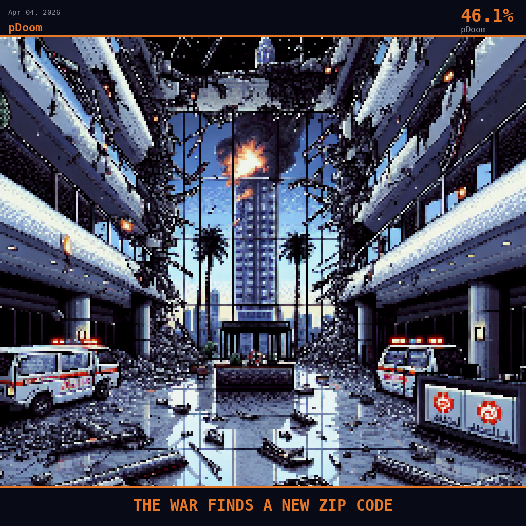 pDoom card for April 4, 2026: 46.1%, THE WAR FINDS A NEW ZIP CODE. Pixel art: we are inside the shattered ground-floor lobby of the Oracle building in Dubai Internet City, looking outward through a massive blown-out floor-to-ceiling glass wall, the frame itself bent and jagged,.