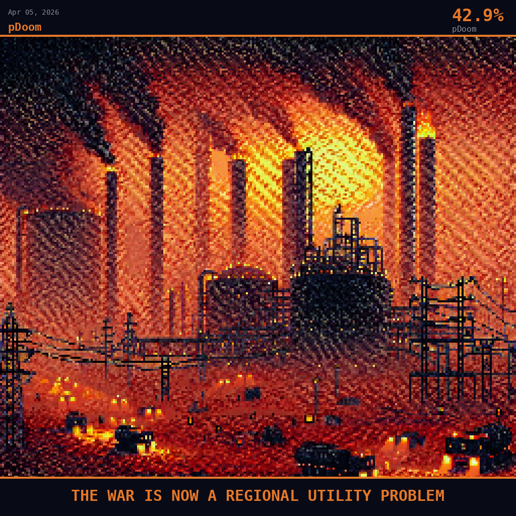 pDoom card for April 5, 2026: 42.9%, THE WAR IS NOW A REGIONAL UTILITY PROBLEM. Pixel art: a thick curtain of Gulf shamal dust and acrid smoke merges into a single suffocating haze that fills every pixel of the frame, the atmosphere itself the subject, a washed-out ochre-crimson murk swallo.