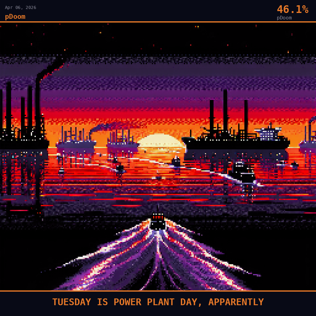 pDoom card for April 6, 2026: 46.1%, TUESDAY IS POWER PLANT DAY, APPARENTLY. Pixel art: the Strait of Hormuz at the bruised red-purple edge of pre-dawn, viewed from shore-level on the Iranian coastline looking south across the narrow flat black water, the entire scene burning with deep c.