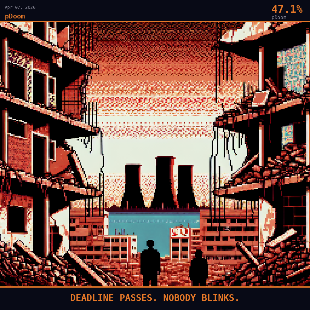 pDoom card for April 7, 2026: 47.1%, DEADLINE PASSES. NOBODY BLINKS.. Pixel art: exposed rebar curling outward like blackened fingers against a hard dark crimson sky, interior walls split open revealing fragments of patterned wallpaper and cracked bathroom tile on the cross-sectio.