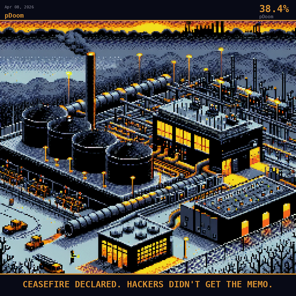 pDoom card for April 8, 2026: 38.4%, CEASEFIRE DECLARED. HACKERS DIDN'T GET THE MEMO.. Pixel art: a vast Rust Belt landscape dominates the frame, the flat winter geography of western Pennsylvania sprawling across the scene in deep navy and ash-grey, bare black trees scratching at the edges of a sm.