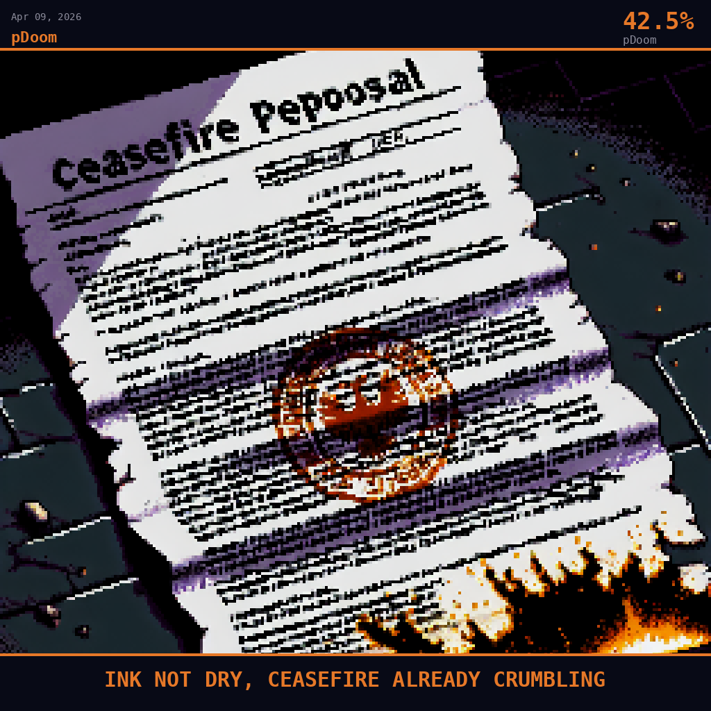 pDoom card for April 9, 2026: 42.5%, INK NOT DRY, CEASEFIRE ALREADY CRUMBLING. Pixel art: a printed ceasefire proposal document, dense columns of black text, stamped with the stylized Iranian tulip-sword government seal in deep crimson red at the center, the seal slightly smeared as though.