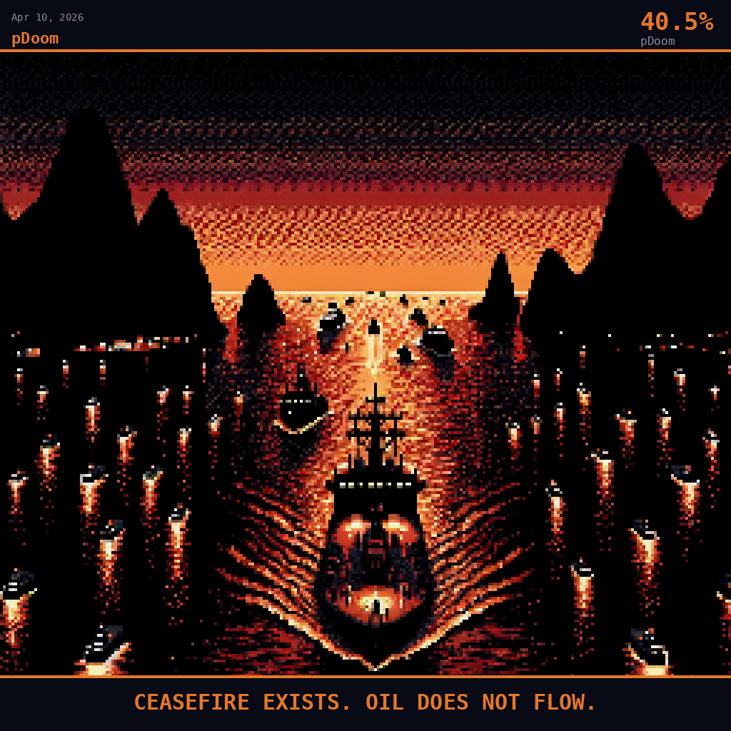 pDoom card for April 10, 2026: 40.5%, CEASEFIRE EXISTS. OIL DOES NOT FLOW.. Pixel art: the geography is the story, the narrow chokepoint visible as a dark throat between two rocky landmasses, the Iranian coastline looming as a jagged silhouette to the north, the Omani peninsula a low sh.