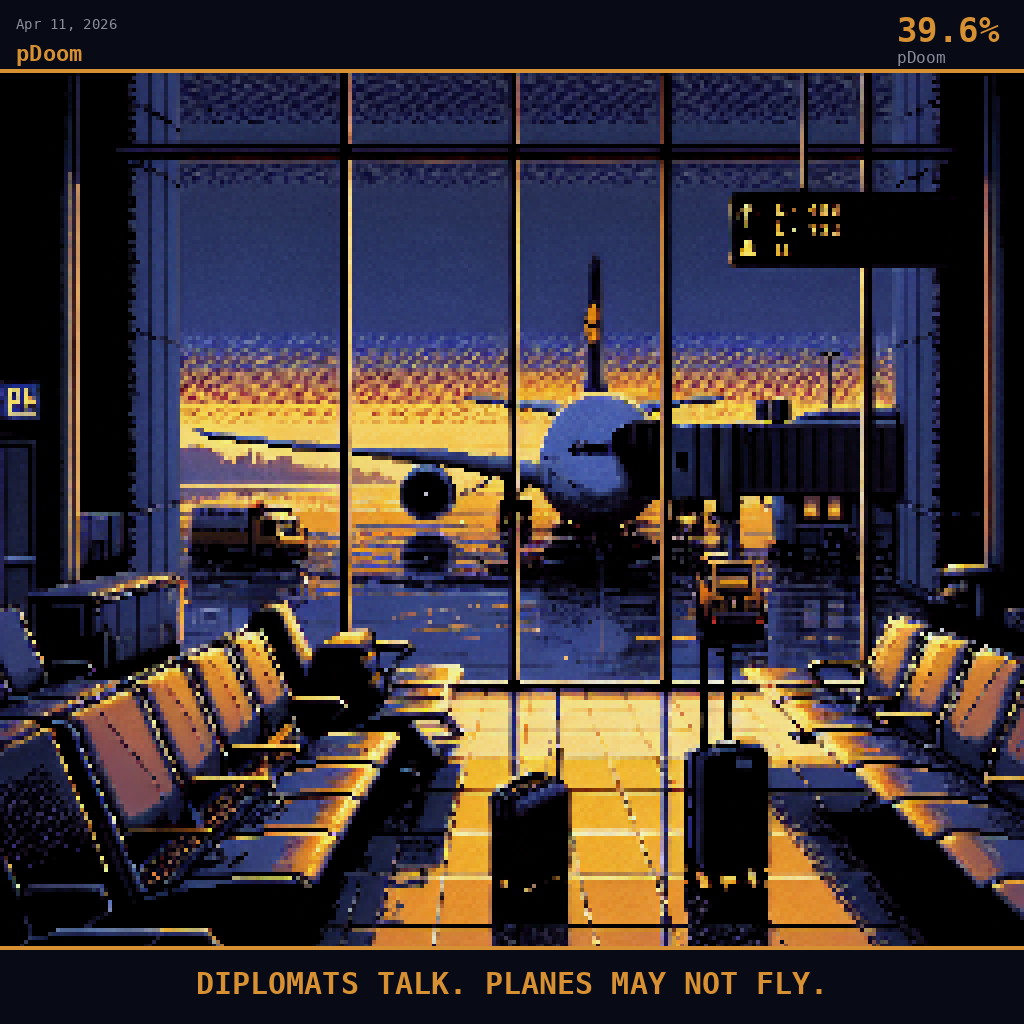 pDoom card for April 11, 2026: 39.6%, DIPLOMATS TALK. PLANES MAY NOT FLY..