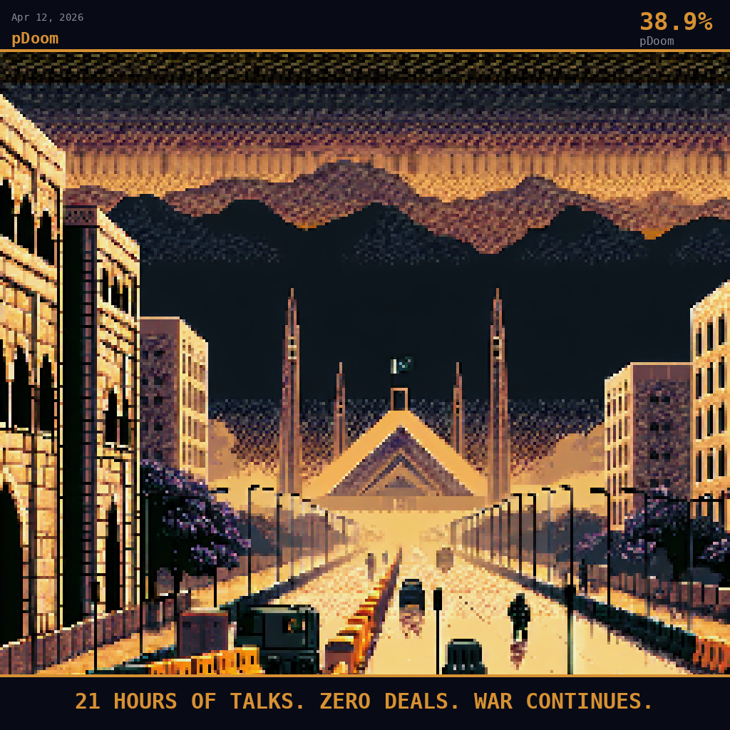 pDoom card for April 12, 2026: 38.9%, 21 HOURS OF TALKS. ZERO DEALS. WAR CONTINUES.. Pixel art: thick haze and dust-filtered Pakistani spring air press down over Islamabad's diplomatic enclave, the Margalla Hills barely visible as dark brown silhouettes dissolved into smoldering orange atmospher.