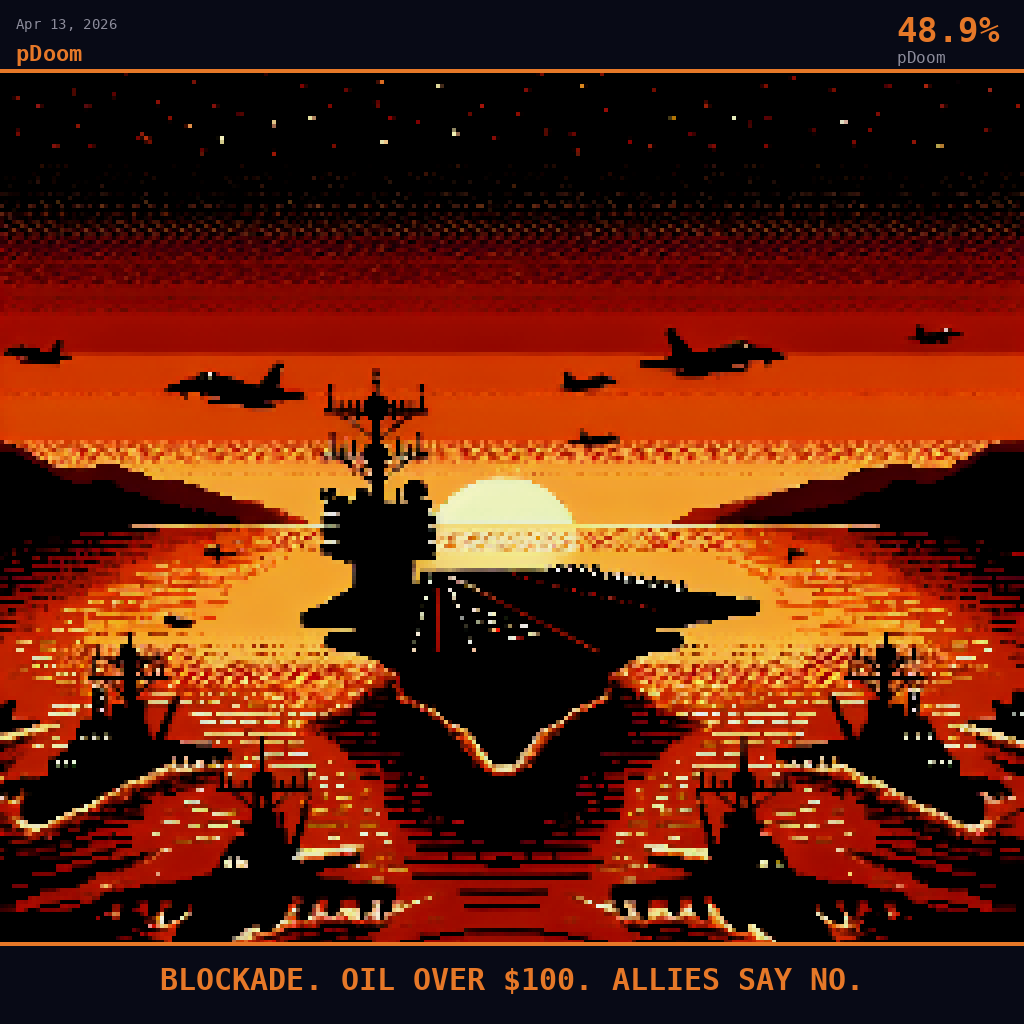 pDoom card for April 13, 2026: 48.9%, BLOCKADE. OIL OVER $100. ALLIES SAY NO.. Pixel art: the Strait of Hormuz at pre-dawn, the narrow chokepoint geography visible as a dark hourglass channel of deep crimson-black water pinched between the ochre desert ridgelines of opposing coastlines, a .