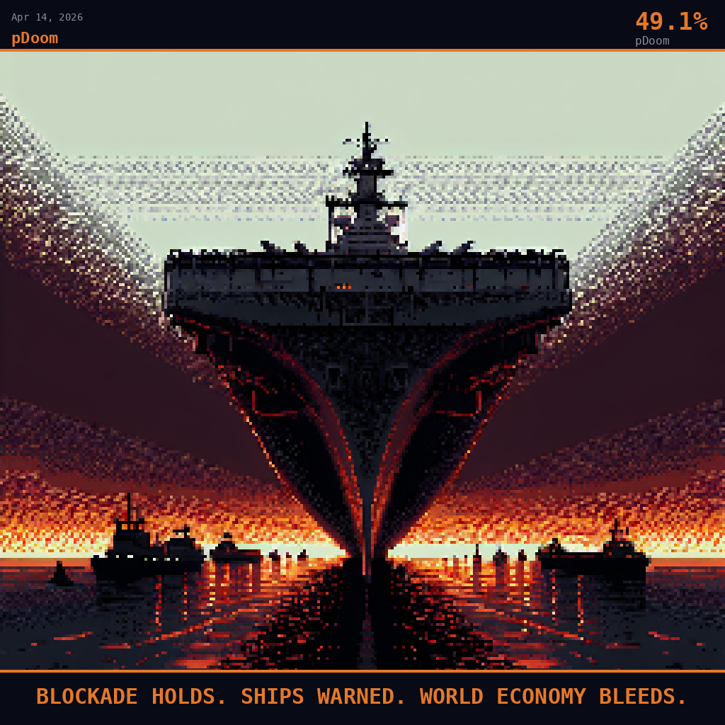 pDoom card for April 14, 2026: 49.1%, BLOCKADE HOLDS. SHIPS WARNED. WORLD ECONOMY BLEEDS.. Pixel art: S.