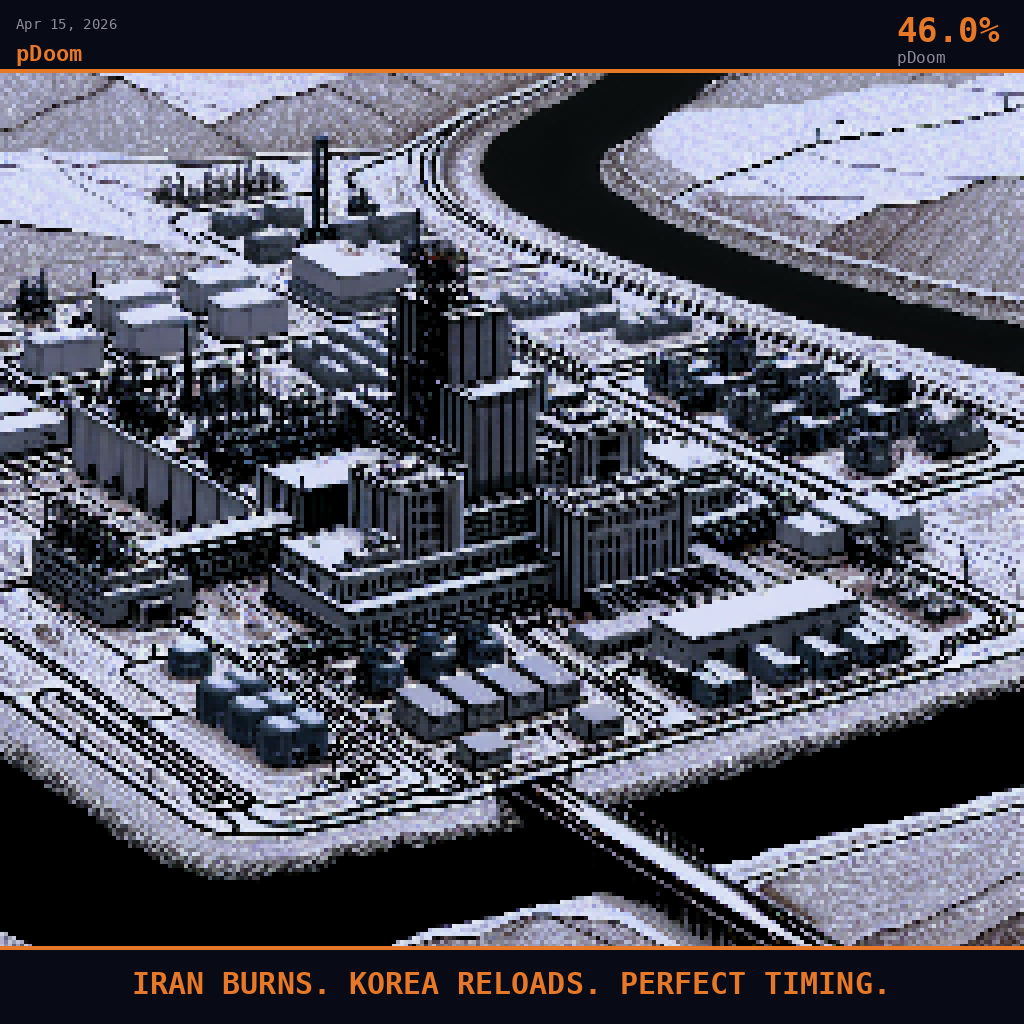 pDoom card for April 15, 2026: 46.0%, IRAN BURNS. KOREA RELOADS. PERFECT TIMING.. Pixel art: the grey-brown Kuryong River curves through the lower third of the composition, bare scrubby hillsides with sparse pine and light snow dusting the ridgelines pressing in from all sides, the facility c.
