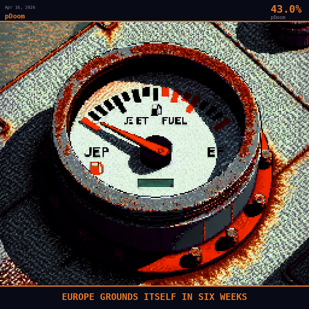 pDoom card for April 16, 2026: 43.0%, EUROPE GROUNDS ITSELF IN SIX WEEKS. Pixel art: the needle itself cast in deep charcoal shadow with only its tip catching a last sliver of firelight-orange glow, the surrounding panel of riveted grey steel streaked with rust bleeding downward like .