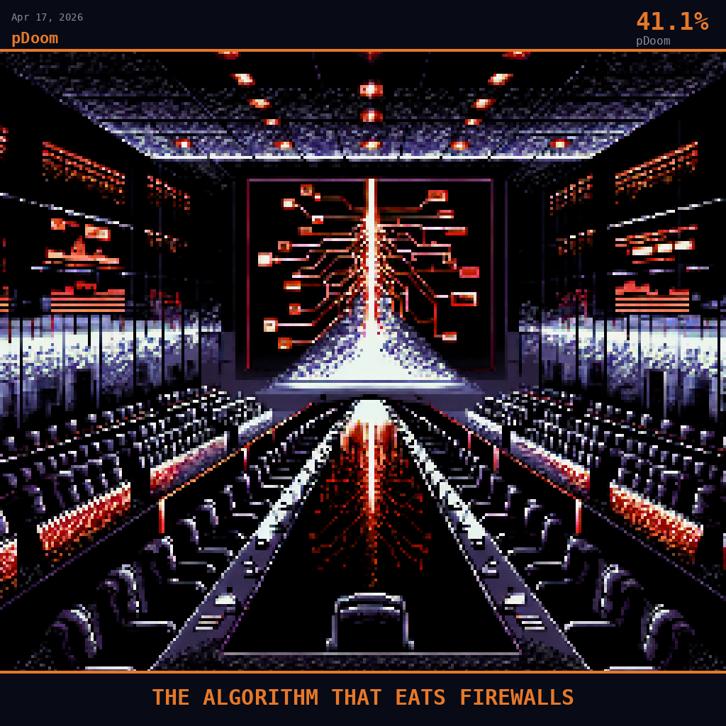 pDoom card for April 17, 2026: 41.1%, THE ALGORITHM THAT EATS FIREWALLS. Pixel art: a vast IMF conference room interior viewed in dramatic perspective, long polished obsidian table stretching toward a vanishing point, tiered rows of empty delegate seats fading into darkness at the ed.