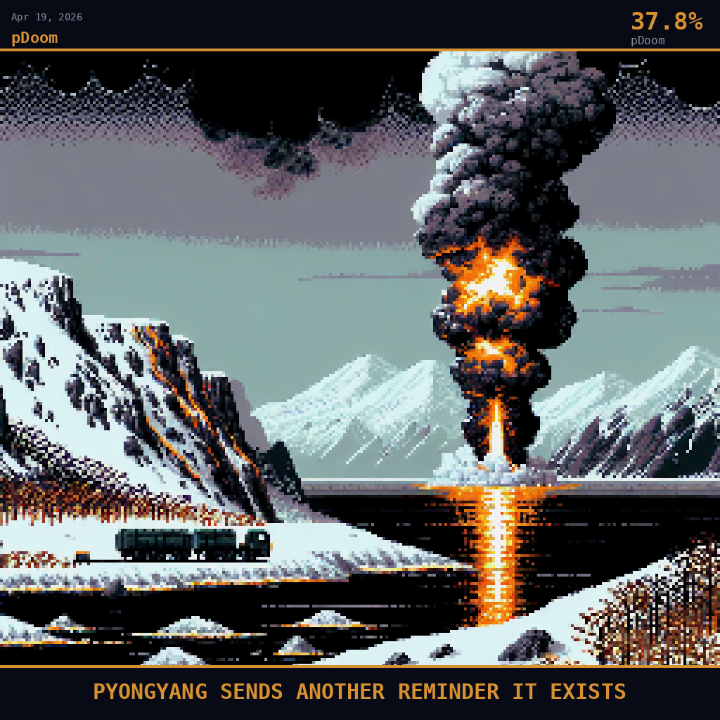 pDoom card for April 19, 2026: 37.8%, PYONGYANG SENDS ANOTHER REMINDER IT EXISTS. Pixel art: thick marine fog and cold April haze swallow the jagged North Korean coastline near Sinpo, the Sea of Japan barely visible as a flat steel-grey smear beyond the rocky shoreline, mountains behind reduc.