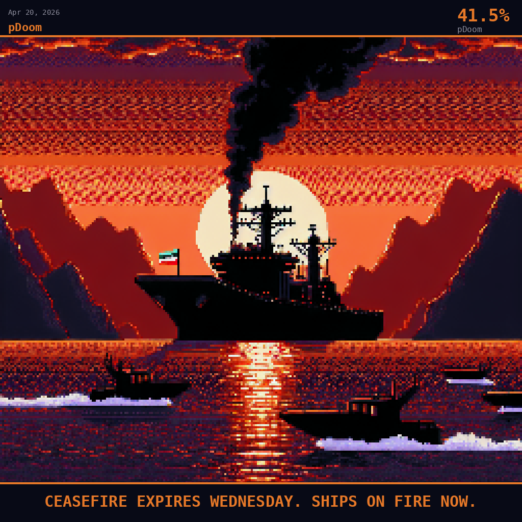 pDoom card for April 20, 2026: 41.5%, CEASEFIRE EXPIRES WEDNESDAY. SHIPS ON FIRE NOW.. Pixel art: the Strait of Hormuz at last light, the sky behind burning in deep crimson and smoldering amber, a column of black smoke rising from the center of the frame and bleeding upward into a charcoal sky, it.