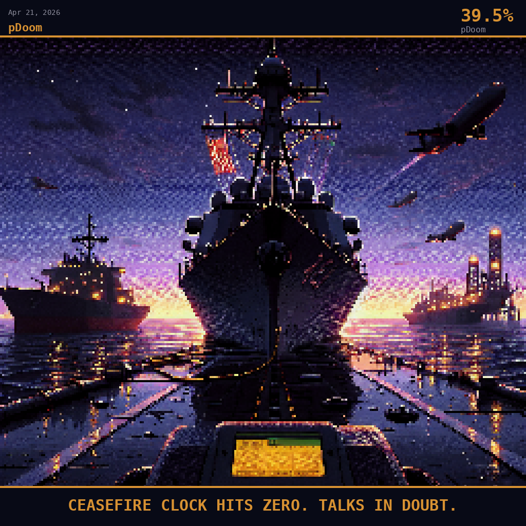pDoom card for April 21, 2026: 39.5%, CEASEFIRE CLOCK HITS ZERO. TALKS IN DOUBT..