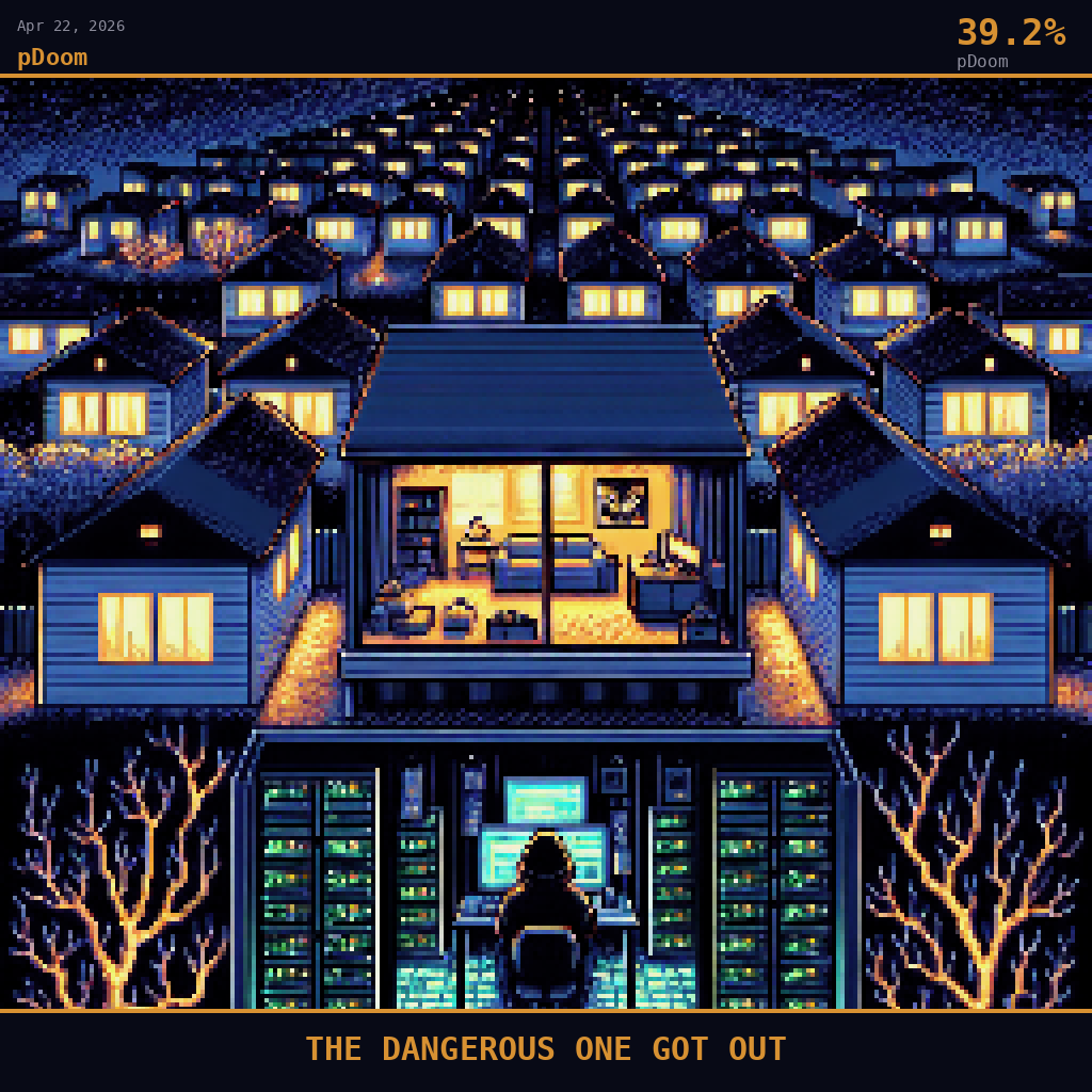 pDoom card for April 22, 2026: 39.2%, THE DANGEROUS ONE GOT OUT. Pixel art: a grid of identical early-spring American subdivision rooftops stretches to the horizon under a deep navy sky, bare tree branches just beginning to bud poking between houses, blackout curtains visible.