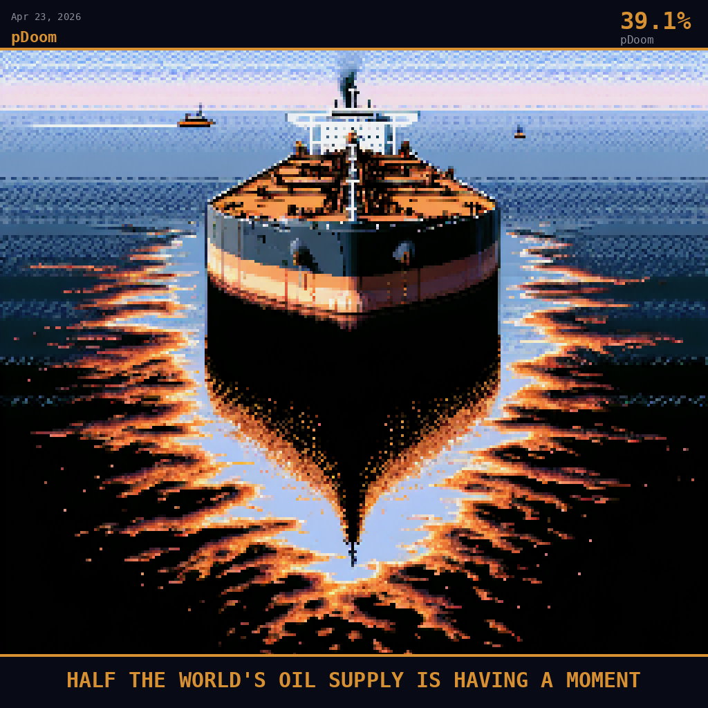pDoom card for April 23, 2026: 39.1%, HALF THE WORLD'S OIL SUPPLY IS HAVING A MOMENT. Pixel art: deep navy shadows pooling in every dent and weld seam, the barnacled waterline cutting diagonally across the lower third where oil-slicked Persian Gulf water shimmers in threatening smoldering orange .
