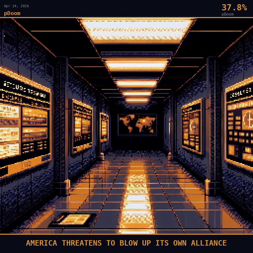 pDoom card for April 24, 2026: 37.8%, AMERICA THREATENS TO BLOW UP ITS OWN ALLIANCE. Pixel art: A fluorescent-lit Pentagon corridor stretches into deep perspective darkness.
