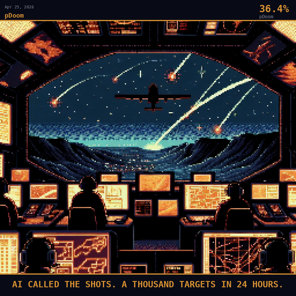 pDoom card for April 25, 2026: 36.4%, AI CALLED THE SHOTS. A THOUSAND TARGETS IN 24 HOURS.. Pixel art: we are deep inside a darkened Pentagon operations room looking outward through a massive floor-to-ceiling reinforced window that frames the night sky beyond, deep navy darkness pressing against the gl.