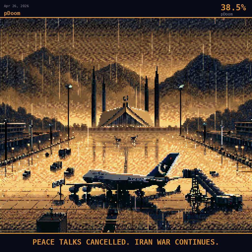 pDoom card for April 26, 2026: 38.5%, PEACE TALKS CANCELLED. IRAN WAR CONTINUES.. Pixel art: a dense curtain of monsoon rain falls across Islamabad's ceremonial boulevard, the Margalla Hills dissolved entirely into smoldering orange-grey haze behind the Faisal Mosque's white needle minarets b.