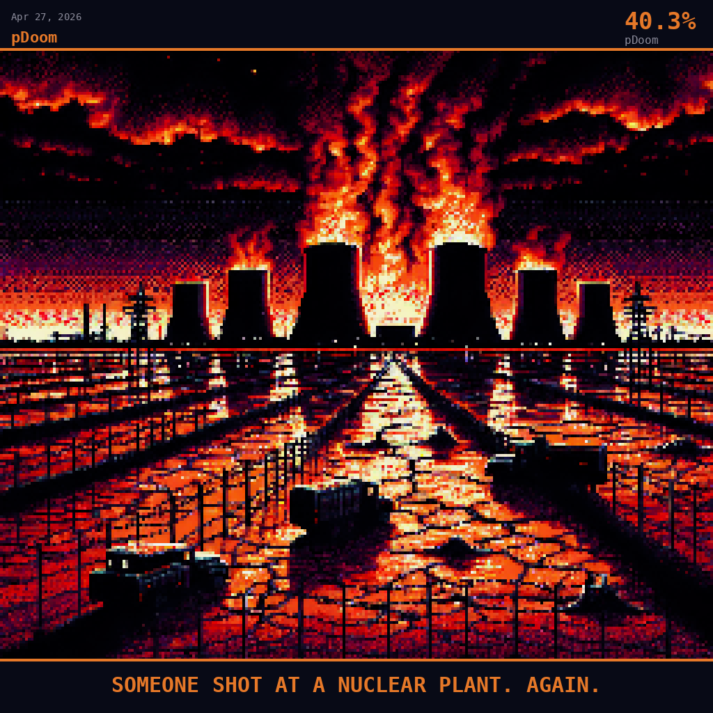 pDoom card for April 27, 2026: 40.3%, SOMEONE SHOT AT A NUCLEAR PLANT. AGAIN.. Pixel art: the drained Kakhovka Reservoir mudflat stretches vast and desolate across the foreground, cracked earth and exposed sediment catching a deep crimson backlight that bleeds across the entire horizon.
