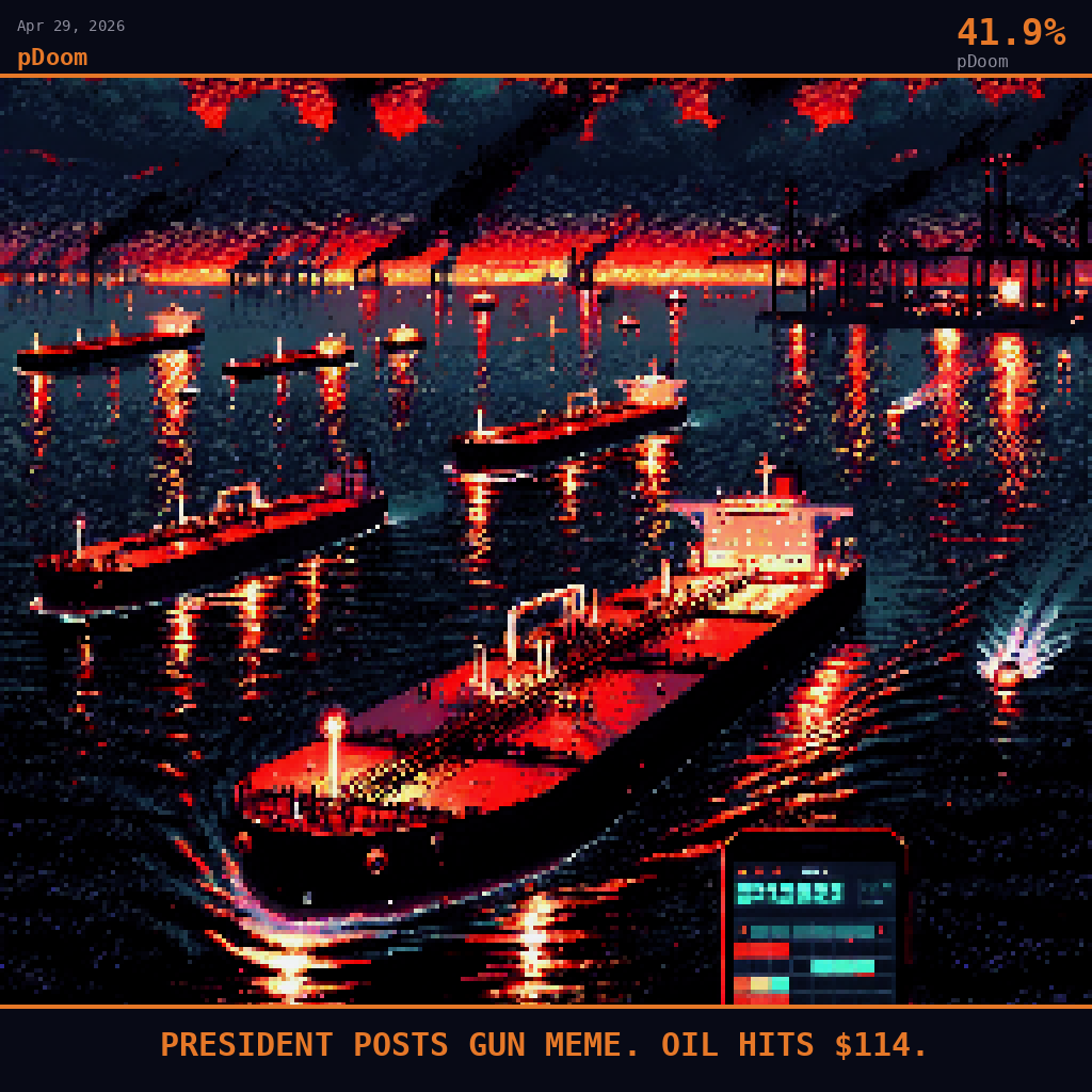 pDoom card for April 29, 2026: 41.9%, PRESIDENT POSTS GUN MEME. OIL HITS $114.. Pixel art: a vast pre-dawn scene dominated by the dark oil-slicked waters of the Strait of Hormuz stretching across the full frame, the narrow chokepoint between shadowed coastlines glowing with distant port cra.