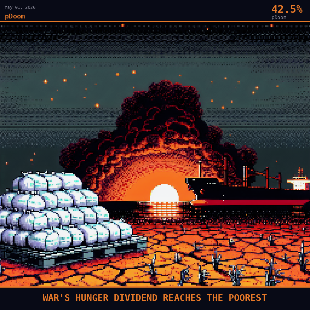 pDoom card for May 1, 2026: 42.5%, WAR'S HUNGER DIVIDEND REACHES THE POOREST. Pixel art: the earth split into deep shadow trenches where unplanted furrows run empty and dry, sparse dying seedlings catching the only warm light from a distant burning orange glow on the horizon suggesting Gu.