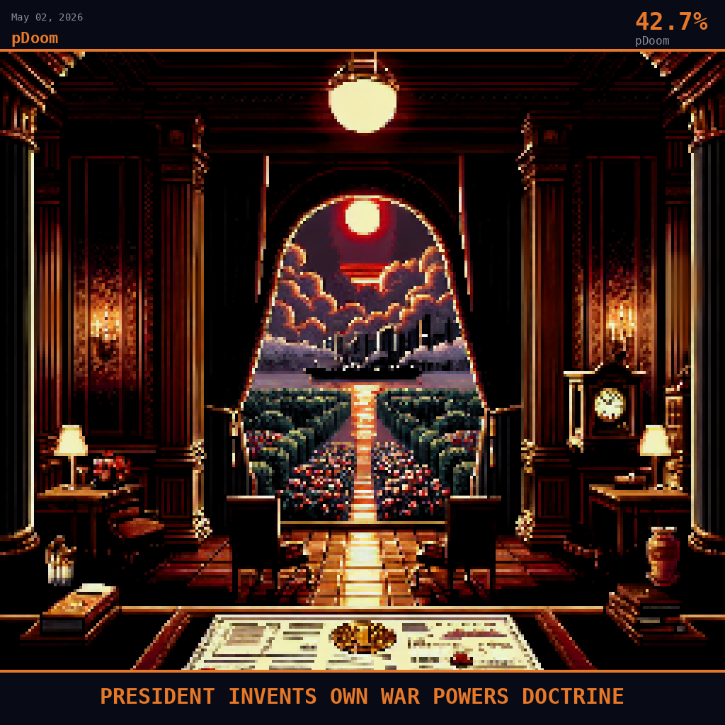 pDoom card for May 2, 2026: 42.7%, PRESIDENT INVENTS OWN WAR POWERS DOCTRINE. Pixel art: we are deep inside a wood-paneled executive corridor of a grand government building, the view framed by a tall arched doorway whose heavy mahogany doors hang open, dark crimson curtains pulled aside t.