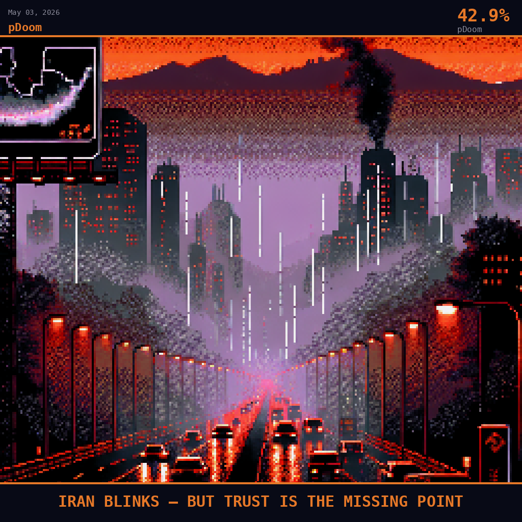 pDoom card for May 3, 2026: 42.9%, IRAN BLINKS — BUT TRUST IS THE MISSING POINT. Pixel art: a dense acrid smog haze swallows a Tehran boulevard at midday, the Alborz mountain foothills barely a ghost silhouette dissolved into charcoal murk behind layers of brown-yellow atmospheric haze, rain.