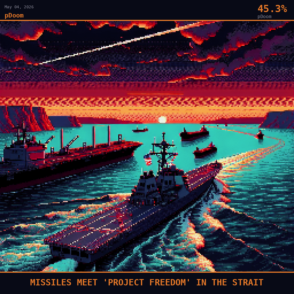 pDoom card for May 4, 2026: 45.3%, MISSILES MEET 'PROJECT FREEDOM' IN THE STRAIT. Pixel art: the narrow chokepoint geography dominates the frame, the rocky ochre cliffs of the Iranian coastline rising as a jagged black mass along the upper left, the Musandam Peninsula's limestone teeth barely.