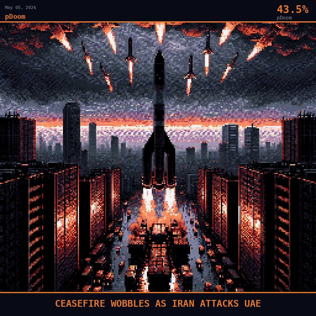 pDoom card for May 5, 2026: 43.5%, CEASEFIRE WOBBLES AS IRAN ATTACKS UAE. Pixel art: the camera pressed almost flat to the ground looking steeply skyward, the underbelly of a Patriot PAC-3 battery dominating the foreground, its angular launch tubes aimed at sharp angles against a sky .