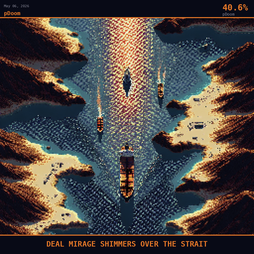 pDoom card for May 6, 2026: 40.6%, DEAL MIRAGE SHIMMERS OVER THE STRAIT. Pixel art: the narrow chokepoint geography fills the entire frame, deep blue-green water compressed between the rocky brown Iranian coastline to the north and the pale desert peninsula to the south, a thick ambe.