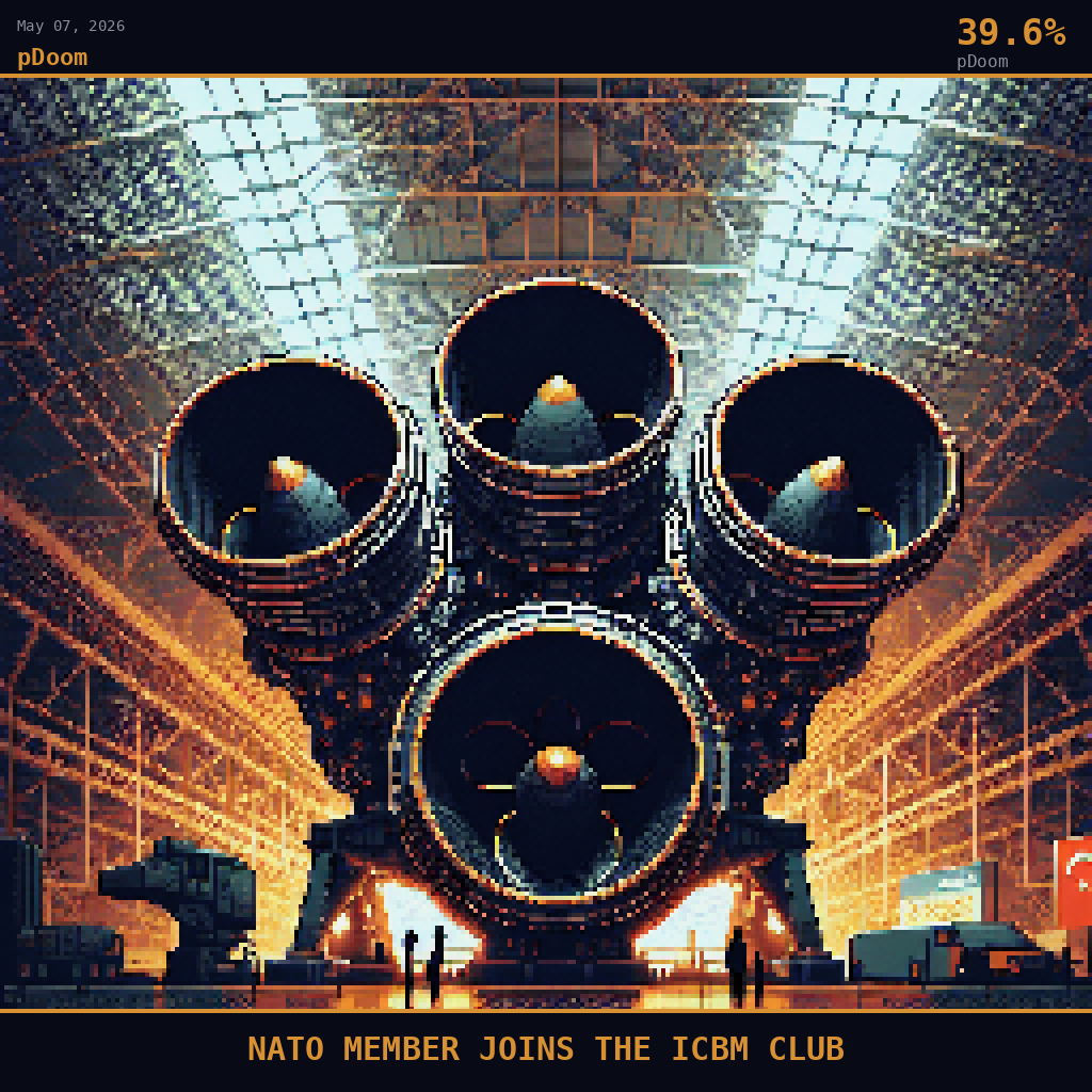 pDoom card for May 7, 2026: 39.6%, NATO MEMBER JOINS THE ICBM CLUB. Pixel art: the four nozzles dominate the composition like a dark industrial flower, their interiors a deep cave-black ringed with metallic grey, the curved bell edges catching smoldering orange exhibition light .