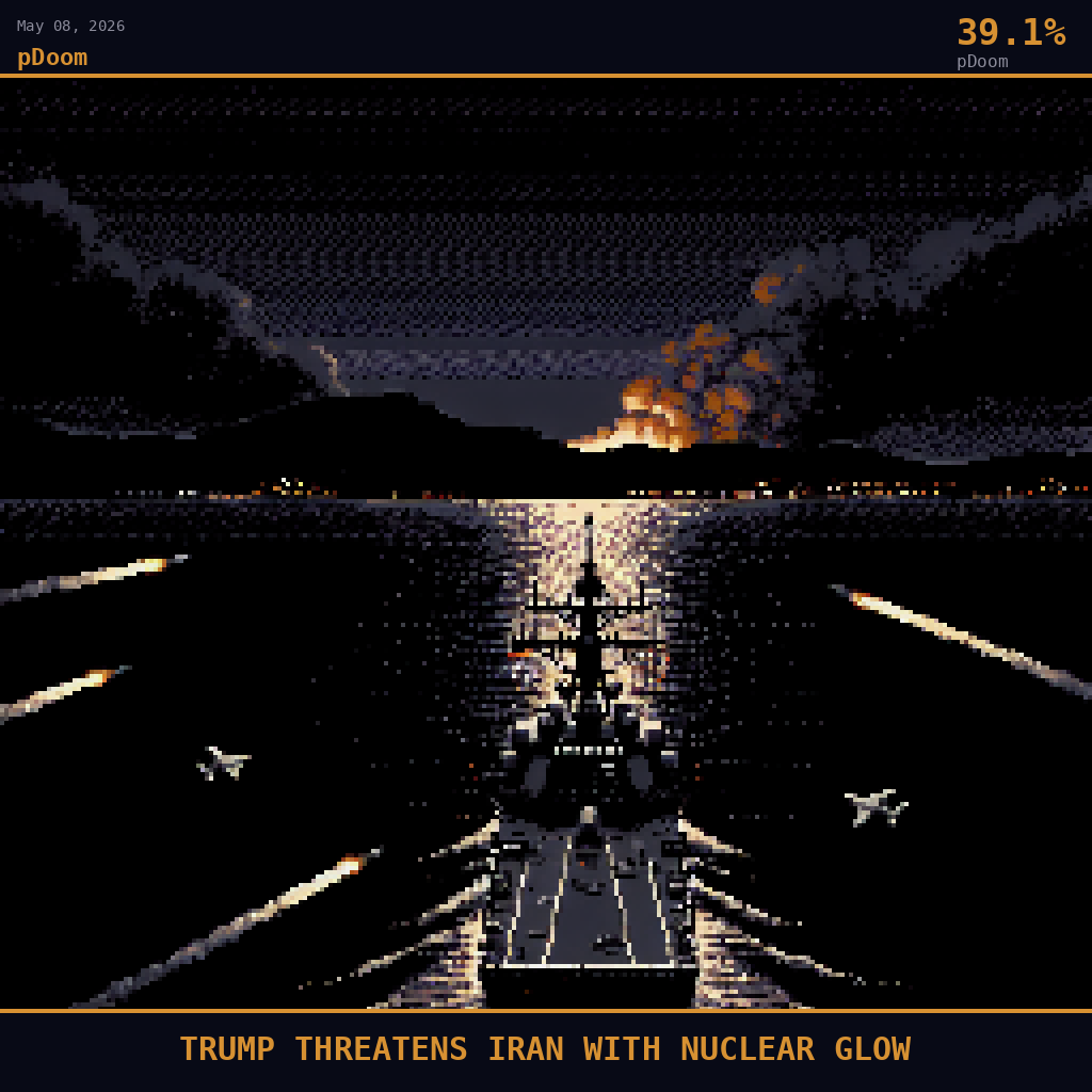 pDoom card for May 8, 2026: 39.1%, TRUMP THREATENS IRAN WITH NUCLEAR GLOW. Pixel art: vast darkness over the Strait of Hormuz at night, the narrow chokepoint water rendered in deep navy black, the hazy brown silhouette of the Iranian coastline a dim ridge on the northern horizon lit by.