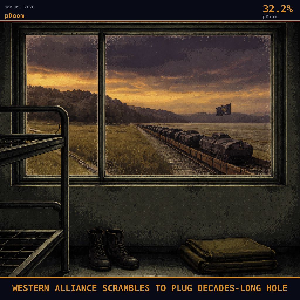 pDoom card for May 9, 2026: 32.2%, WESTERN ALLIANCE SCRAMBLES TO PLUG DECADES-LONG HOLE. Pixel art: interior of a sparse German Bundeswehr barracks room viewed from inside looking outward through a wide rectangular window, the camera positioned at mid-height as if standing near a metal-framed bunk b.
