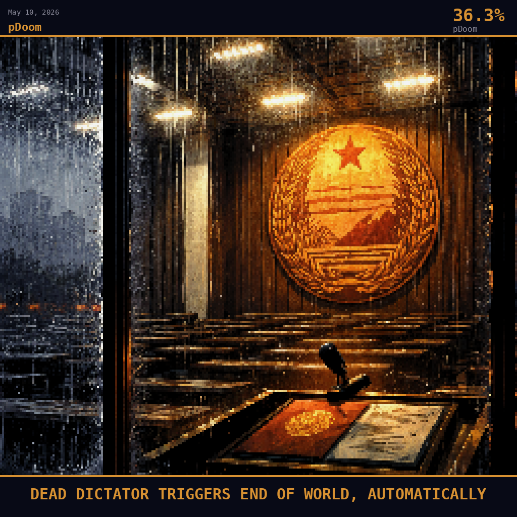 pDoom card for May 10, 2026: 36.3%, DEAD DICTATOR TRIGGERS END OF WORLD, AUTOMATICALLY. Pixel art: weather-dominated interior scene viewed through the rain-lashed tall windows of the Mansudae Assembly Hall, Pyongyang, the camera positioned outside in the cold looking inward through streaked glass t.