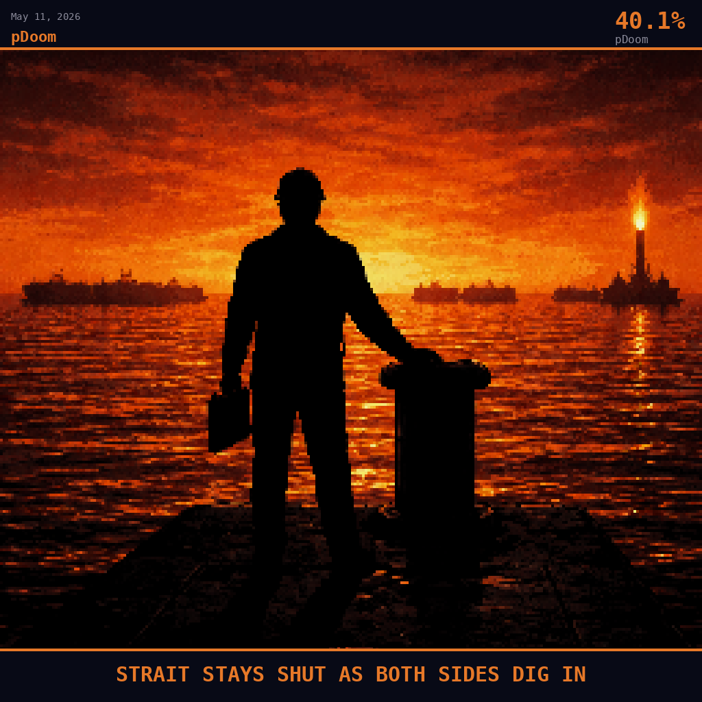 pDoom card for May 11, 2026: 40.1%, STRAIT STAYS SHUT AS BOTH SIDES DIG IN. Pixel art: silhouette composition, strong backlight, dark crimson and charcoal palette.