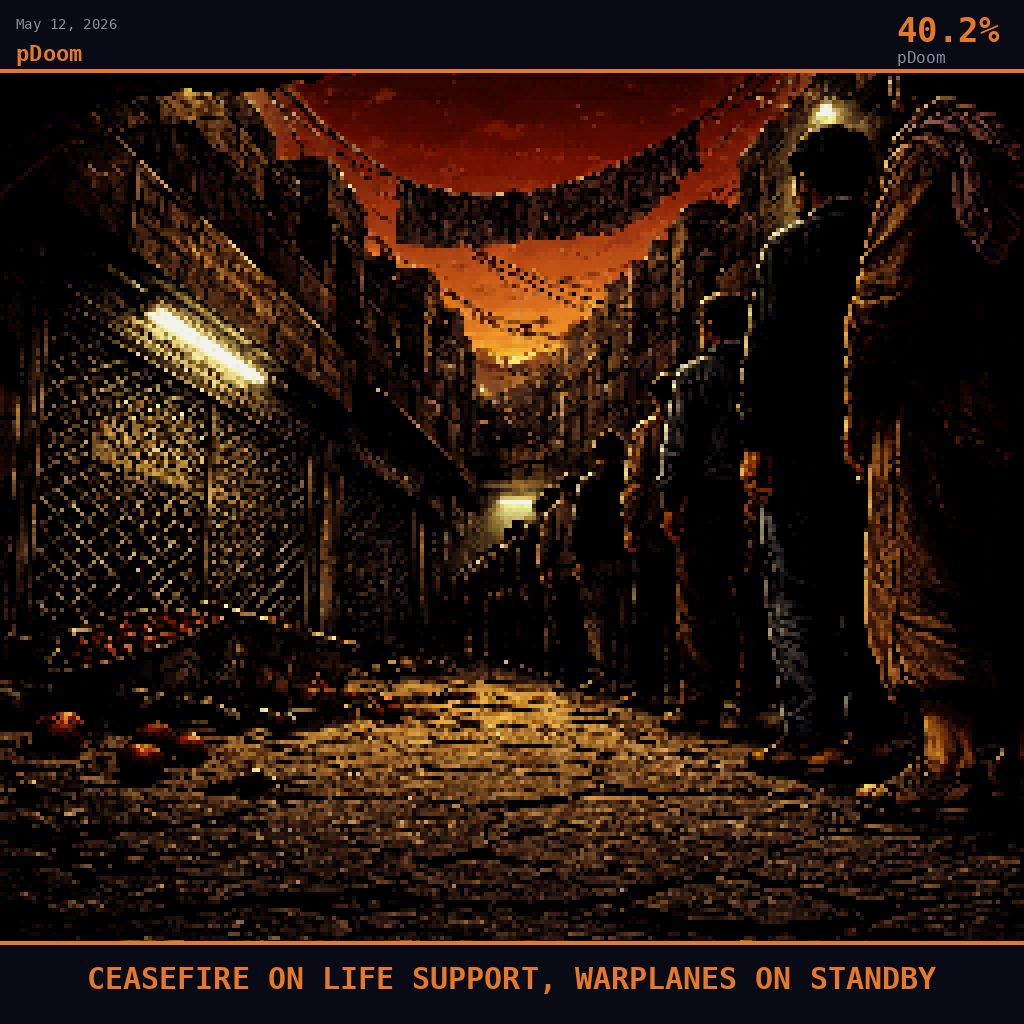 pDoom card for May 12, 2026: 40.2%, CEASEFIRE ON LIFE SUPPORT, WARPLANES ON STANDBY. Pixel art: ground-level upward view from cracked asphalt pavement of a Tehran bazaar district, camera pressed nearly flat to the ground looking steeply skyward, the underside of a corrugated metal market awning .